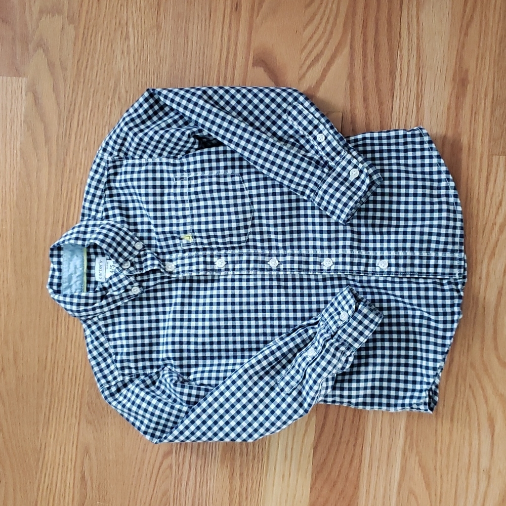 Carters size 4/5, navy and white gingham button down collared shirt